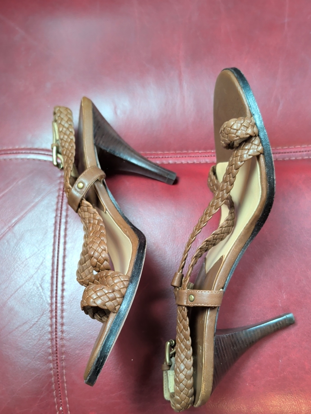 Michael Kors Brown Braided Leather Heeled Sandals 4" Heel Size 11 - Picture 4 of 6